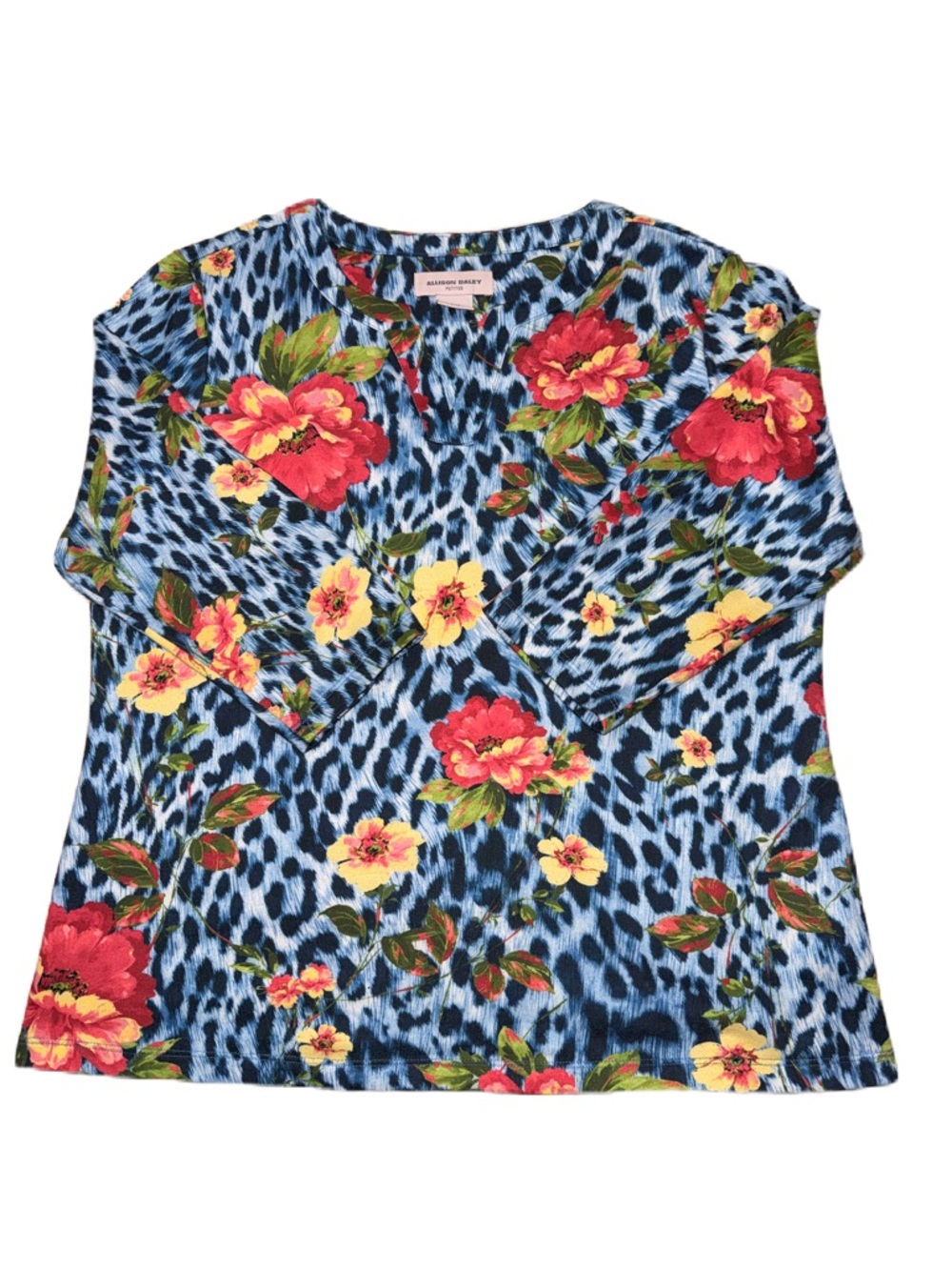 Allison Daley Women's Petite Medium Blue Colorful Floral Print Bottom Crew Top